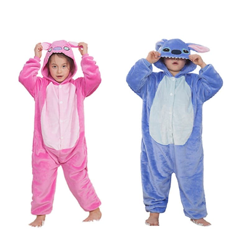 Macacão Flanela Infantil Mangas Compridas Pijamas Com Capuz Quente Azul Stitch Desenho Animado Bonito Kigurumi Para Rapaz Menina Crianças Cosplay