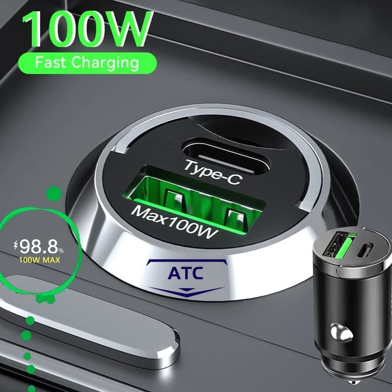 Carregador De Isqueiro Para Carro De 100W PD Carregamento Rápido IPhone QC3.0 Mini USB Tipo C Telefone Samsung Huawei