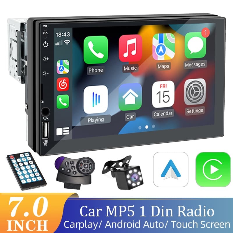 Central Multimídia Carplay 1 Din 7 Polegadas MP5 Bluetooth USB/AUX/TF Mirrorlink Com Tela De Toque