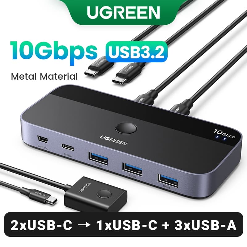 UGREEN 10Gbps USB C KVM Switch 3.2 Switcher Para Teclado PC Mouse Impressora EScanner 2PCs Compartilhando 4 Dispositivos