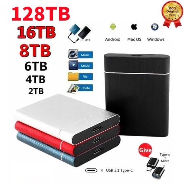Disco Rígido Portátil USB 3.1 2TB/8TB/16TB Móvel Tipo C SSD À Prova De Choque Unidade De Estado Sólido De Liga De Alumínio Tra HDD Nsmissão Velocidade