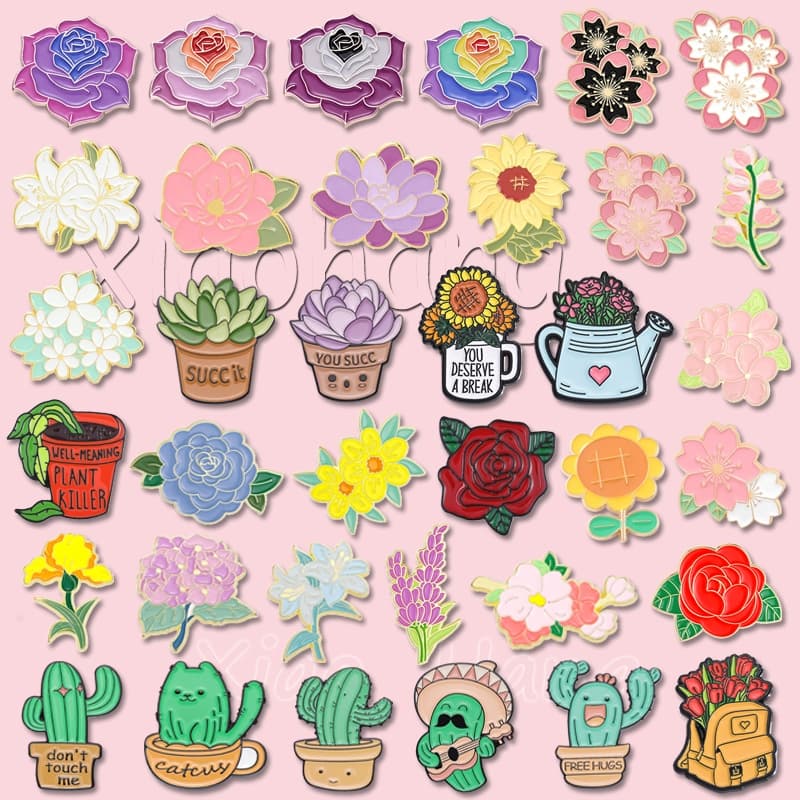 Desenho Animado Flor Rosa Esmalte Alfinetes Flores De Cerejeira Girassol Planta Broche Lapela Crachás Jóias Presente Para Amigos