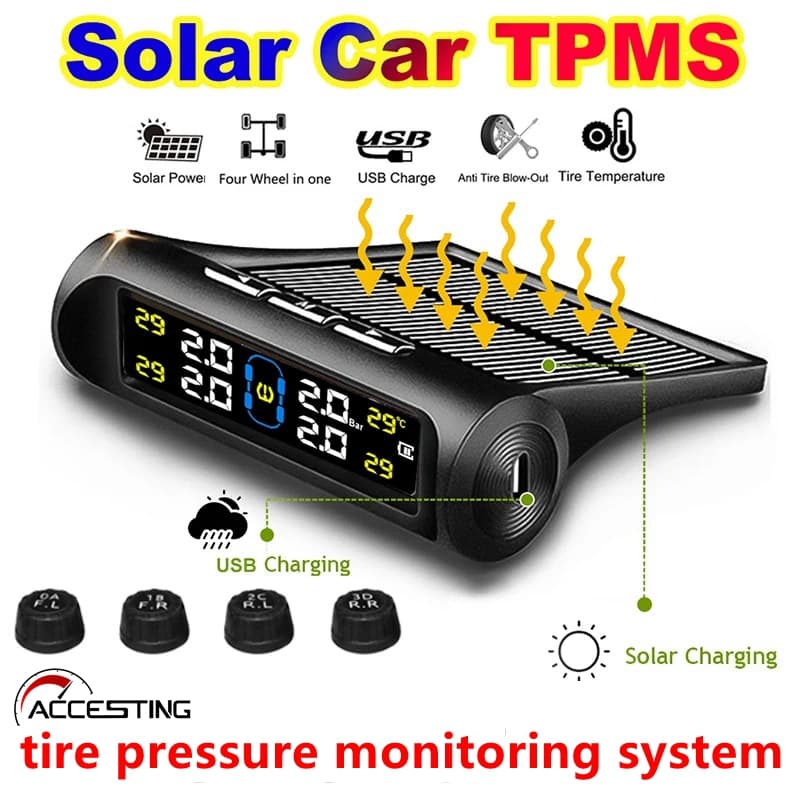 Sistema de monitoramento de pressão de pneus sem fio tpms, alarme solar de pressão de pneus de carro, display lcd, aviso de temperatura com 4 sensores externos