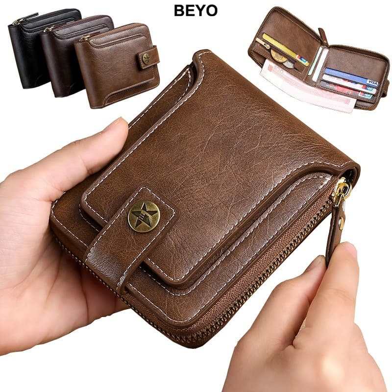 Carteira De Zíper Trifold Masculina De Grande Capacidade Com Bolso De Moedas