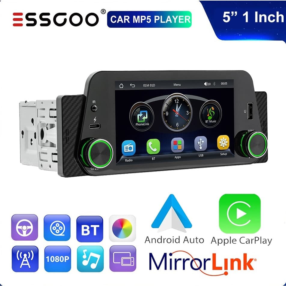 Essgooo 5 Polegadas MP5 Player 1 Din Rádio HD Carplay Android Auto Bluetooth Multimídia Central FM/USB/AUX Mirror Link