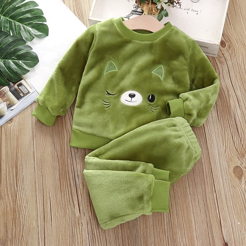 Conjunto De Pijama De 2 Peças Com Top De Lã De Flanela + Calça Desenho Animado Dinossauro Meninos Meninas Roupas