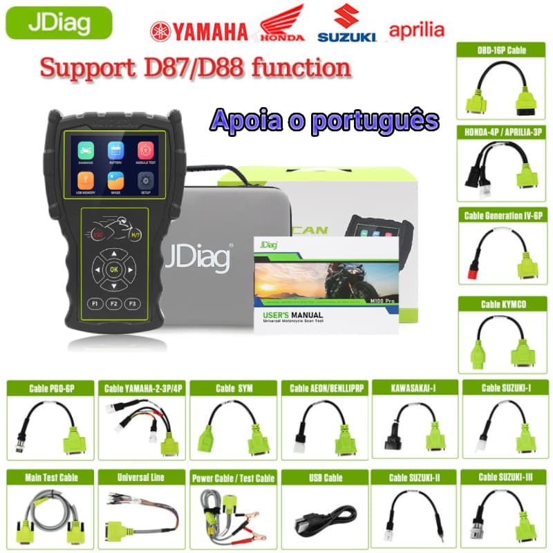 Apoio ao português JDiag M100 Pro Moto Nova Função Scanner D87 D88 CO Ajuste De Velocidade Ocioso ABS Teste TPS Diagnóstico EFI Testador De Motocicletas Versão Simples Ferramenta De Multilíngüe Marca