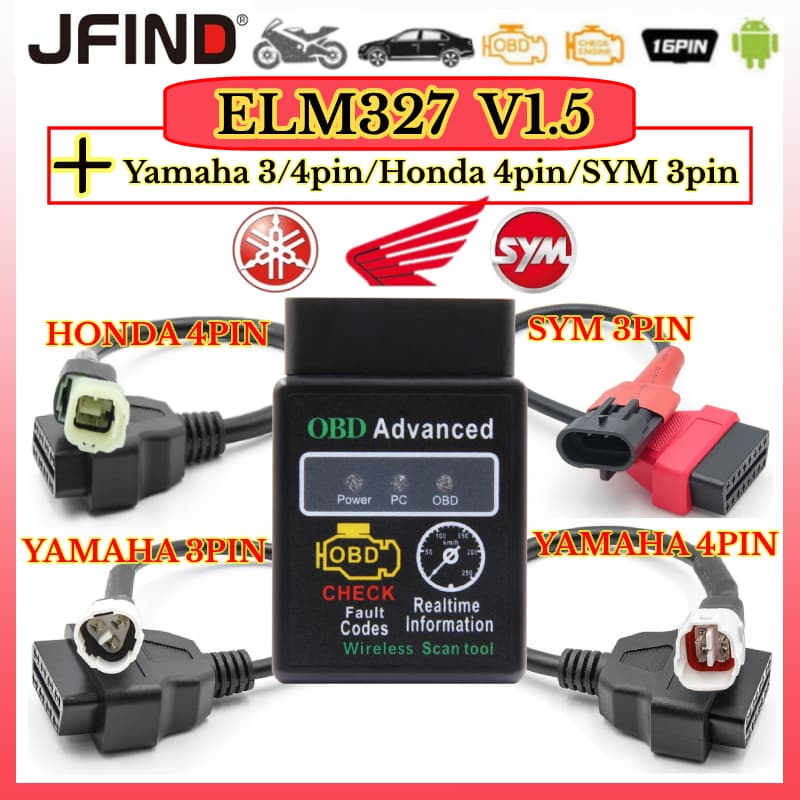 Elm ELM327 V1.5 Leitor De Código De Falha Bluetooth 2.0 Para Motocicleta Android 3PIN 4PIN 16PIN OBD2 Cabo De OBD 2 Carro