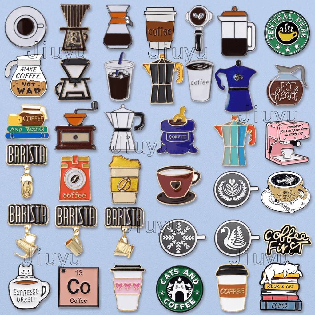 100 Estilos Cafeteira Broche De Café Esmalte Moedor Em Grão Saco De Xícara Barista Badge Punk Lapela Coleção Pin Jóias Presentes