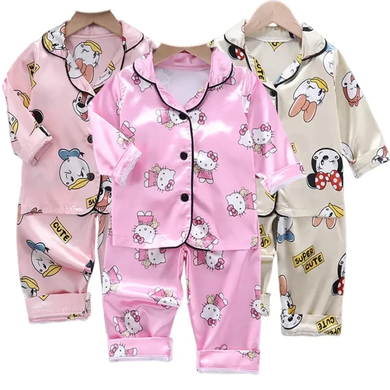 Conjunto Pijama Satin Infantil Primavera Meninas Lapela  Longo Sanrio Hello Kitty Top + Pants Kid Boy Minnie Sleepwear