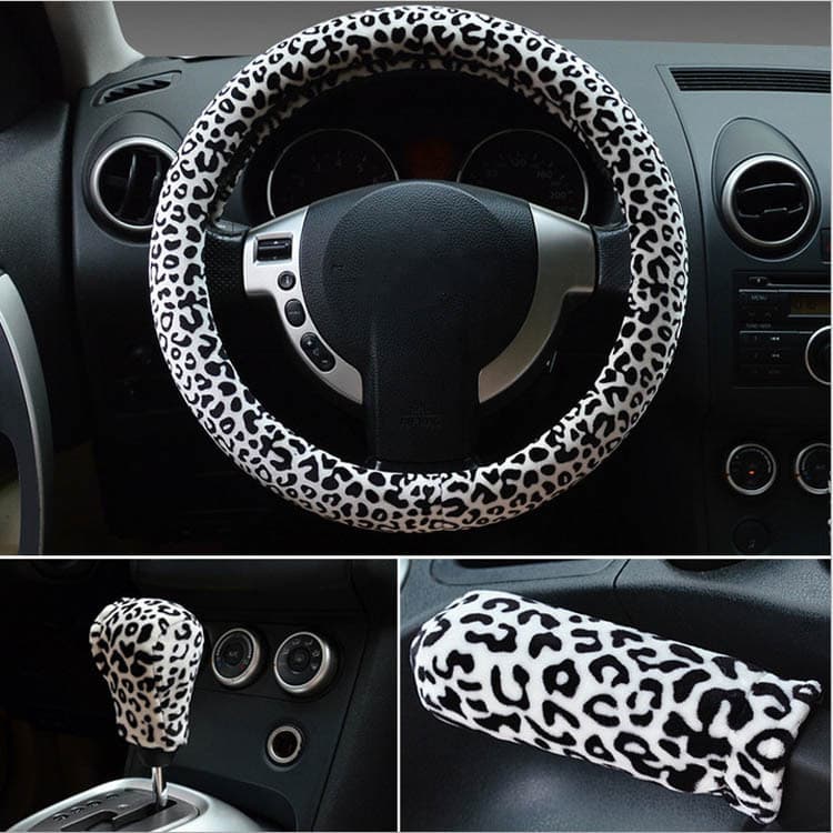 [Hungrnee] 3Pcs/Set Moda Leopardo Capa De Volante De Pelúcia Acessórios Para Carros De Inverno Decoração De Carro