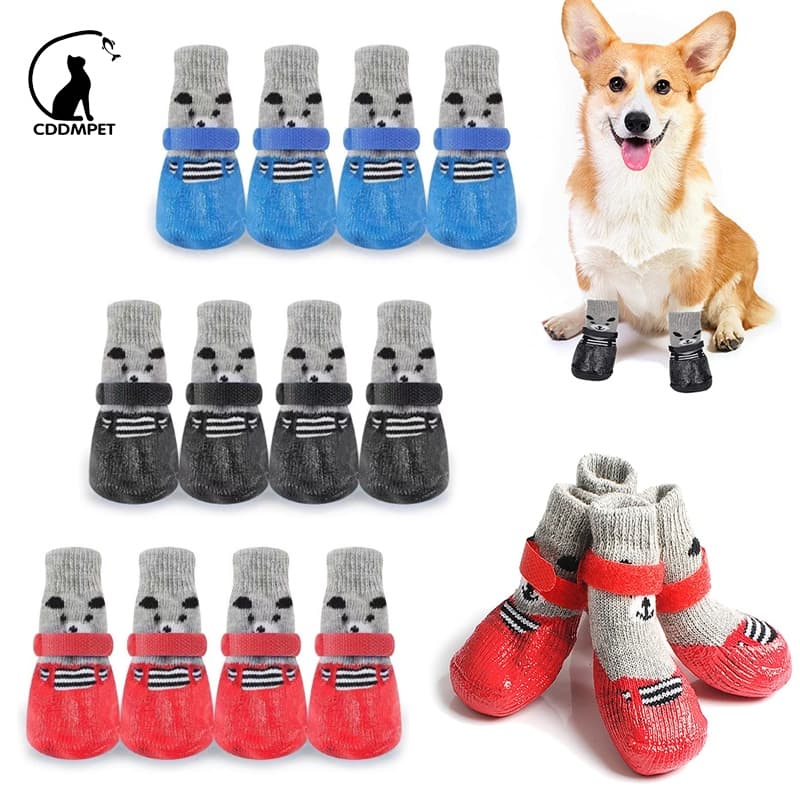 4pcs Sapatos Cachorro Para Animais De Estimação Meias Gato Cães À Prova D'água Botas Anti-Derrapante