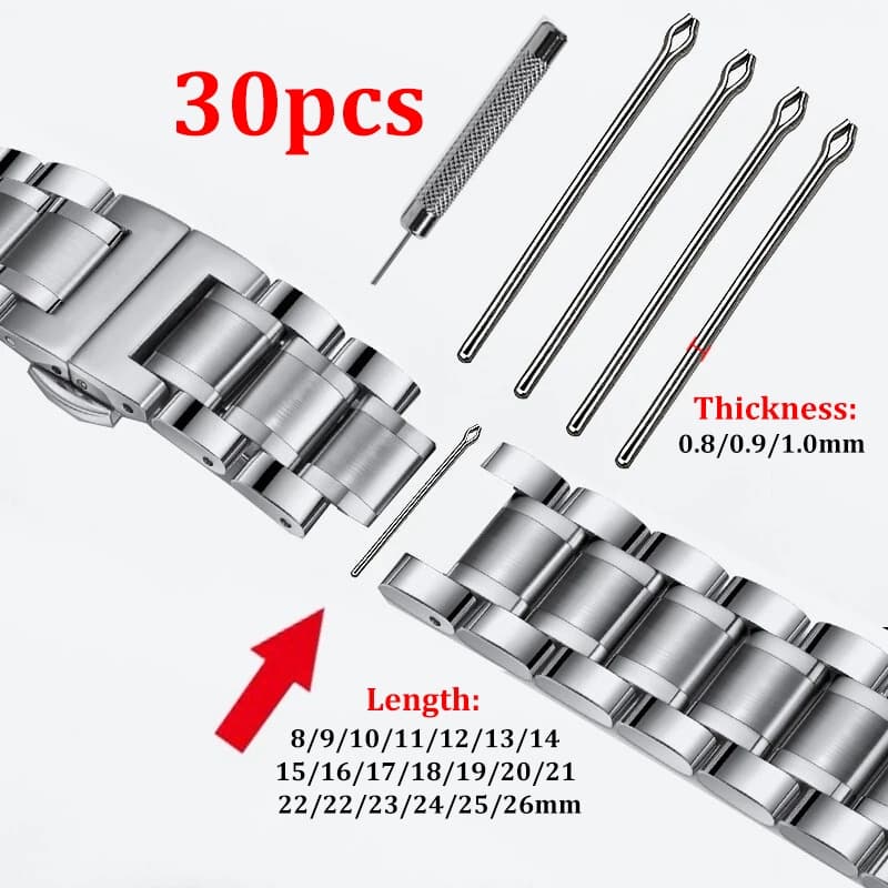 30pcs Pinos De Ligação Em Fita De Relógio De Aço Inoxidável 18mm 20mm 22mm 8-26mm Ferramenta De Reparo Do Relojoeiro De Barra De Conexão Divididos 0,8/0,9/1,0mm Espessura
