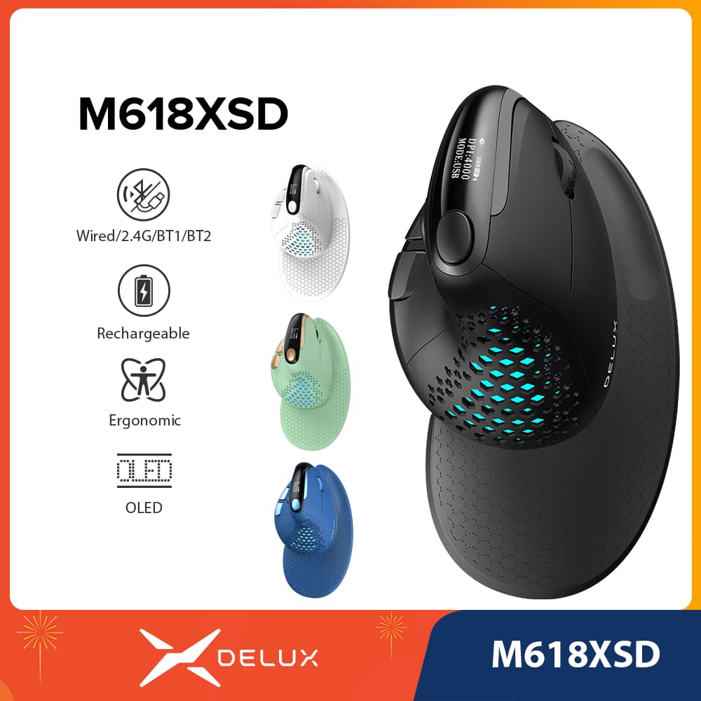 Delux M618XSD Seeker Mouse Vertical Ergonômico Com Tela OLED 4000DPI Recarregável 1000mA Capa Traseira Removível Para PC