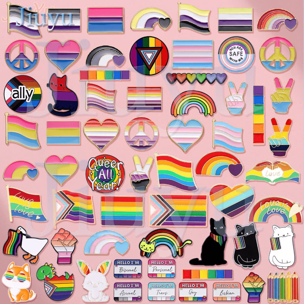 100 Estilos Arco-Íris Colorido LGBTQ Bandeira Esmalte Pins De Gesto Do Coração Broche Gato Fofo Frag Liga Lapela Orgulho