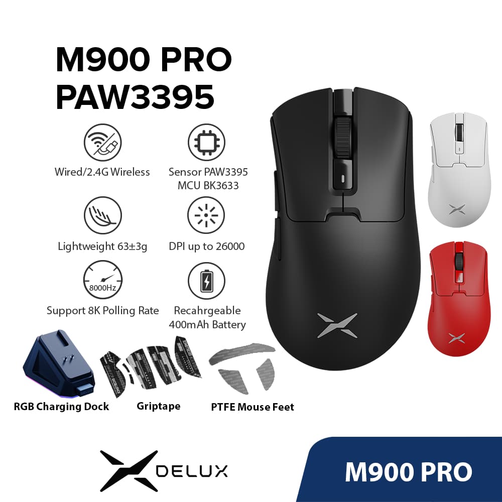 Delux M900 PRO PAW3395 Mouse Para Jogos DPI MAX 26000 Com Fio 2.4G Sem Recarregável Dock De Carregamento Magnético RGB 63g Design Ergonômico Assimétrico PC/Laptop/Windows