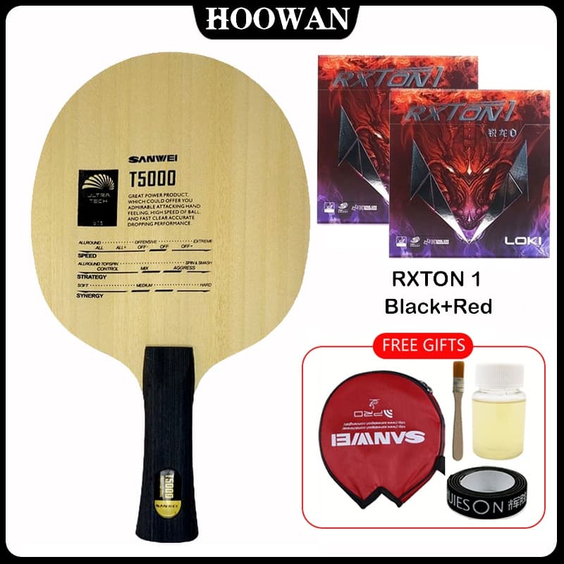 Original SANWEI T5000 Carbon Table Tennis Racket Blade (5 + 2) + RXTON 1 Rubber (Black + Red) T5000 Ping Pong