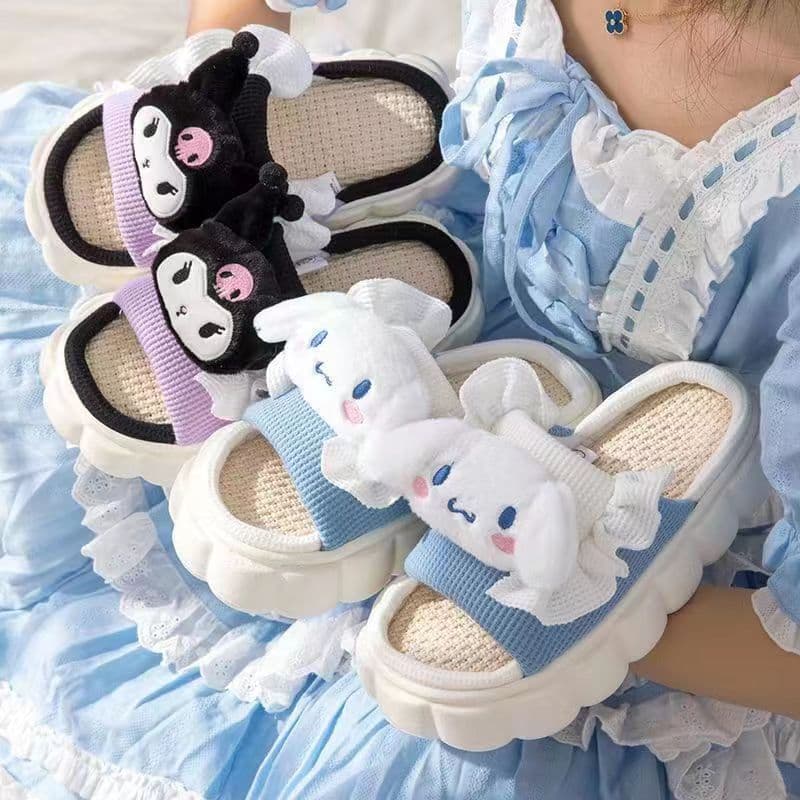 [Envio em 48 horas] Casa De Verão Mulheres Homens Chinelos De Linho Thi Sole Cartoon Onda Interior Animal Salsas Não Deslizantes Sapatos De Casal Feminino