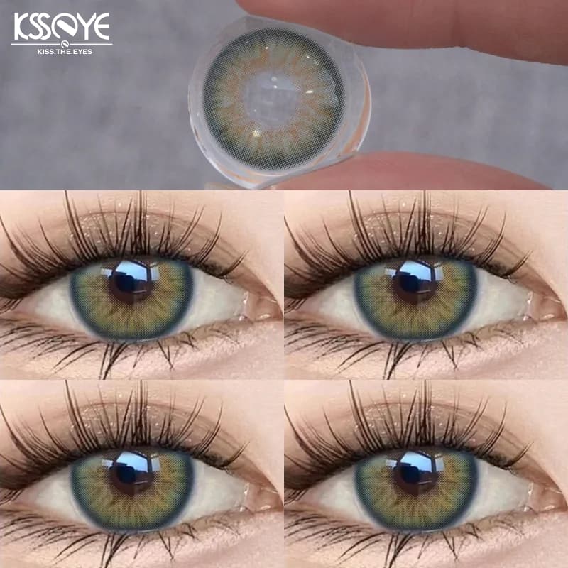 2pcs Myopia Lentes De Contato Com Graus (0-8,00) KSSEYE Colorida Lens14,5mm Verde Gatinho Híbrido 1 Ano Use
