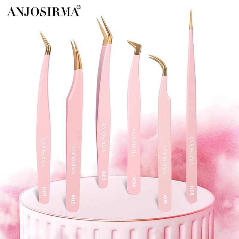 ANJOSIRMA Pinças de aço inoxidável para extensão dos cílios, pinças anti-estáticas de alta precisão, cor rosa, 1 parte