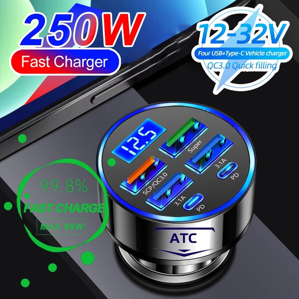 AUTOCHE 100W 6 Portas Carregador De Carro Carregamento Rápido 2 PD QC3.0 USB C Display Digital Telefone Celular Tipo Adaptador No