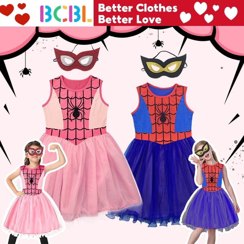 BCBL Vestido De Aranha Para Meninas Festa De Halloween 3-9 Anos Azul Com Máscara De Olhos Cosplay Princesa Tutu