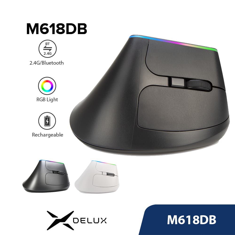Delux M618DB Botão Silent Mouse Sem Fio BT 4.0 + 2.4GHz Dongle Ergonômico Ratos Verticais Recarregáveis Para PC