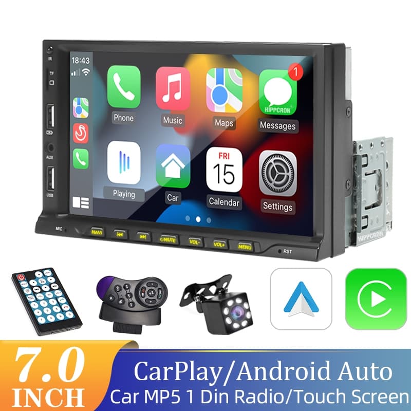 HIPPCRON Central Multimídia Carplay 1 Din 7 Polegadas MP5 Bluetooth USB/AUX/TF Mirrorlink Com Tela Sensível Ao Toque