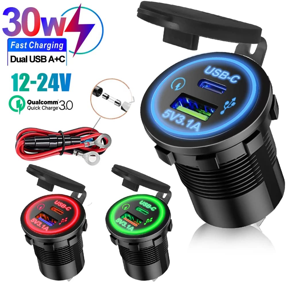 Carregador USB-A + C Para Carro 3.1A Adaptador De Modificado E Motocicleta