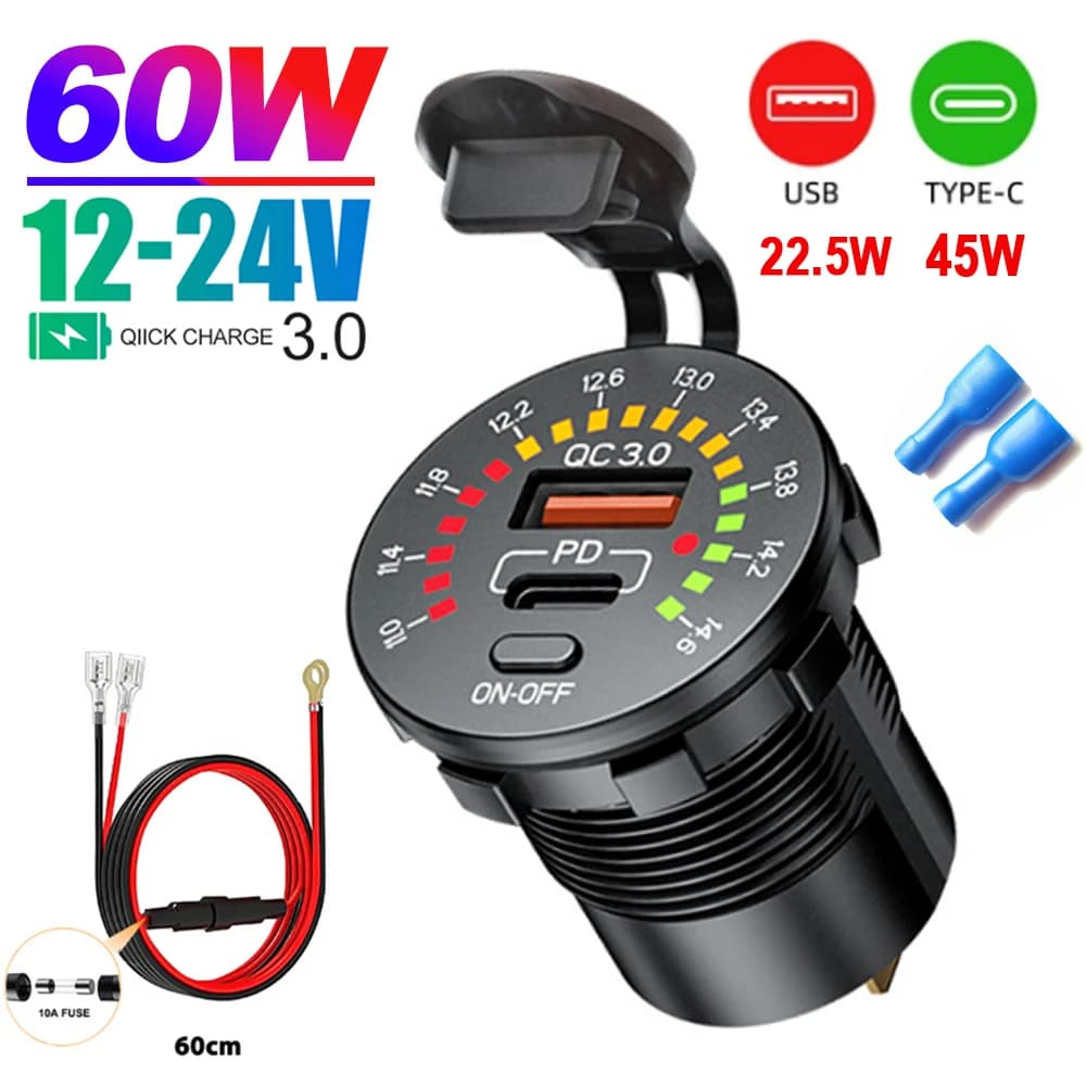 Tomada De Carregador USB Duplo De 45W Com LED Voltímetro Ligado Desligado QC3.0 PC Tipo C Saída À Prova D'água Rápido Para Carro De 12V/24V