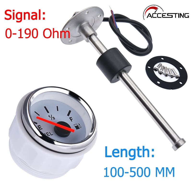 Medidor de nível de combustível de aço inoxidável de 52 mm 0-190 Ohm 100-500 mm para barco, carro, 9-32V