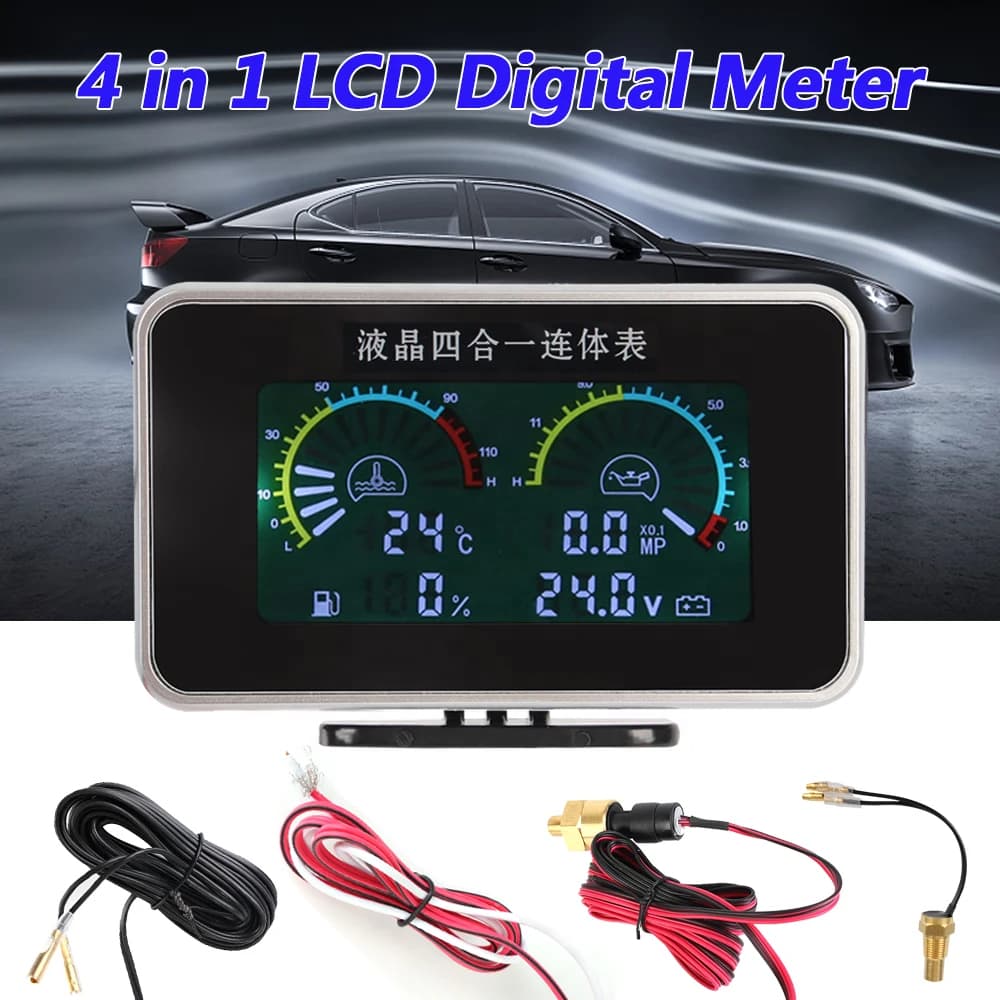 4Em1Universal LCD Car Alarme Digital Voltímetro De Pressão De Óleo Temperatura De Água De Combustível 12VPara voltimetro