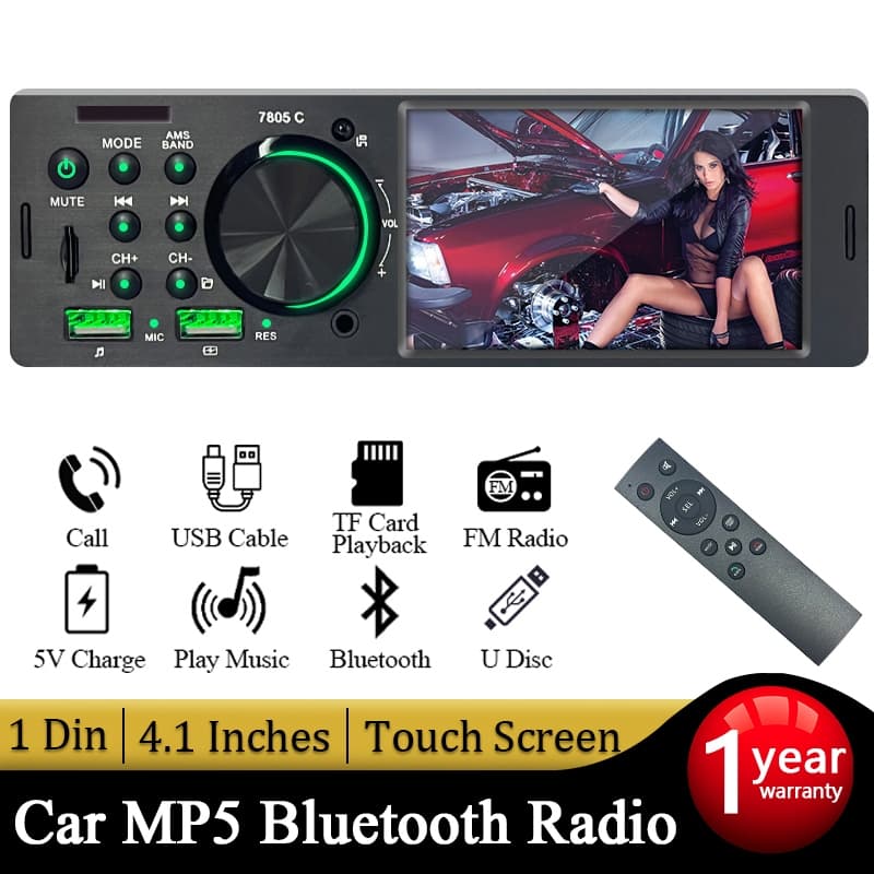 Central Multimídia Automotivo 1 Din MP5 Com Tela De Toque 4.1 Polegadas Bluetooth USB/AUX/TF