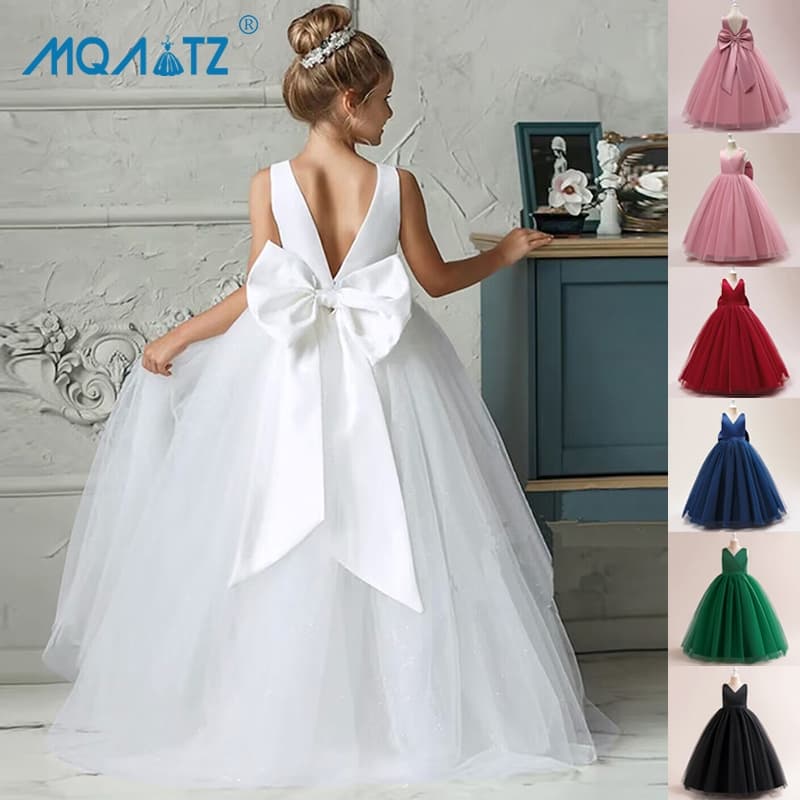 MQATZ Vestido De Verão Big Bow Dama De Honra Longo Para Meninas Princesa Sem Costas Noiva LP-505