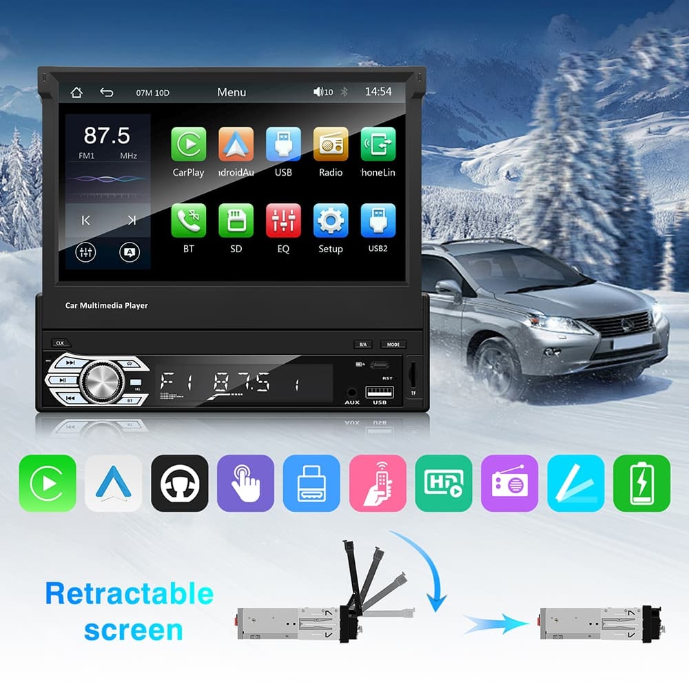 Reprodutor Multimídia Universal De 7 Polegadas Com Tela Retrátil MP5 Player Car Multimedia CarPlay Android Auto