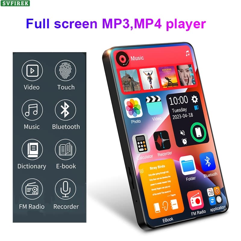 MP3 MP4 Player HiFi Sound Tela De Toque Completa De 4 Polegadas 16GB BT 5.0 HD Video Com Alto-Falante Mini Sport Walkman