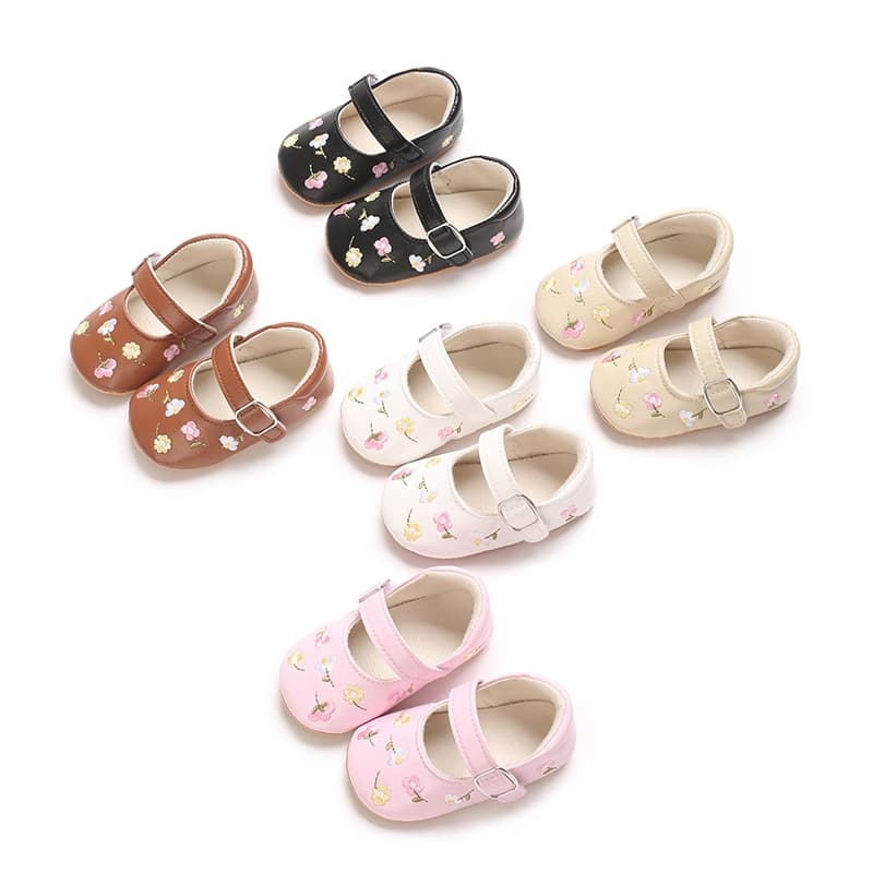 Babybaby-Baby Girls Mary Jane Flats Couro PU Bordado Floral Sapatos Princesa