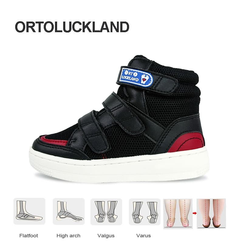 Meninos Meninas Sapatos Escolares Pretos Crianças Tênis De Malha De Couro Ortopédico Com Palmilha De Suporte De Arco