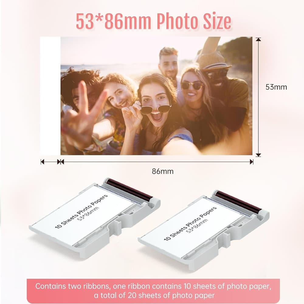 Mini Impressora Fotográfica HPRT Original , 20 Folhas E 2 Fitas (2.1 x 3.4) (Câmera Não Incluída) , Papel Fotográfico Pa