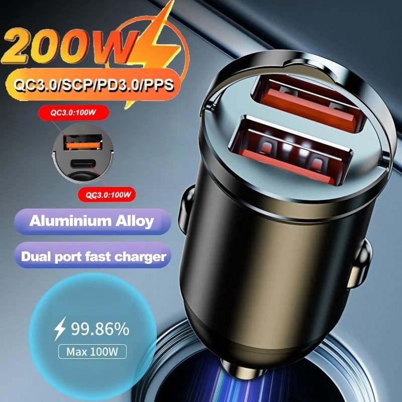 200W Porta Dupla Mini USB Carregador De Carro Carregamento Ultra Rápido Isqueiro Soquete 12-24V Alumínio Adaptador Do Telefone Celular