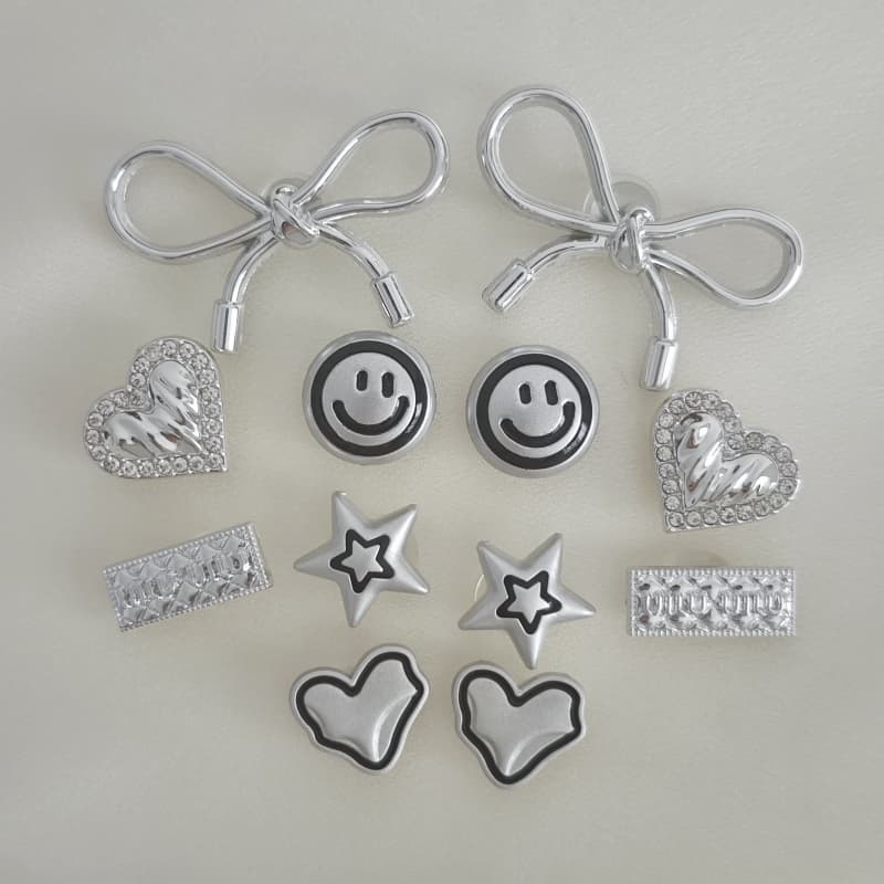 12 Pçs/set Prata Rosto Sorridente Série Sheo Acessórios Arco Nó Em Forma De Coração Sapato Fivela Encantos Para Mulheres