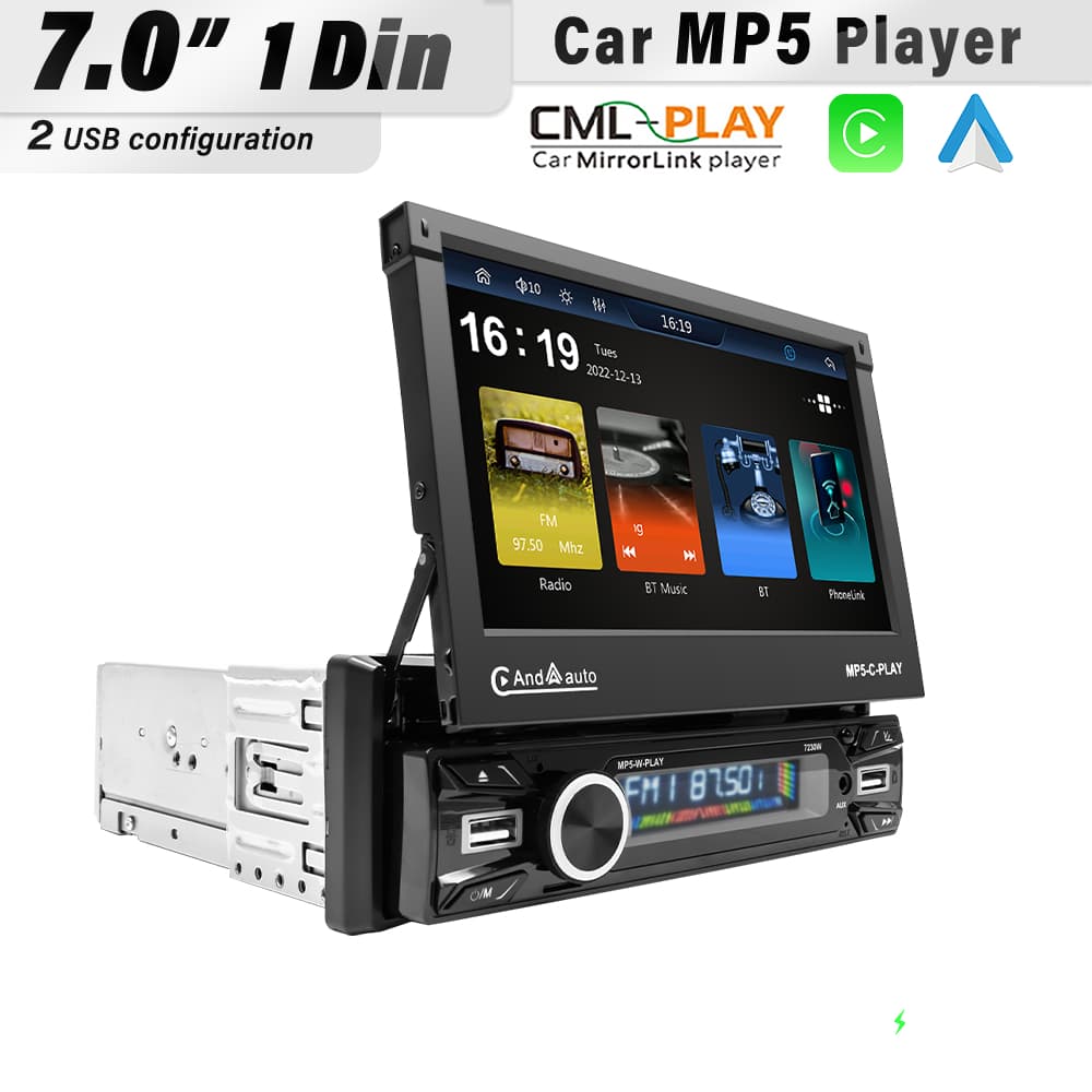 7 Polegada Sem Fio Android Auto CarPlay 1Din Vídeo Multimídia MP5 Player Retrátil Tela De Toque Espelho Link Carro BT/FM