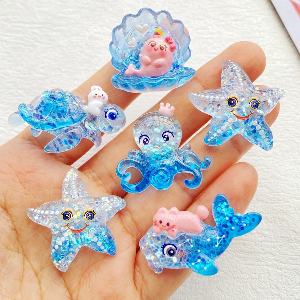 10 peças de decorações de resina da série Blue Ocean de desenhos animados mistos - tartarugas marinhas piscantes, polvo,