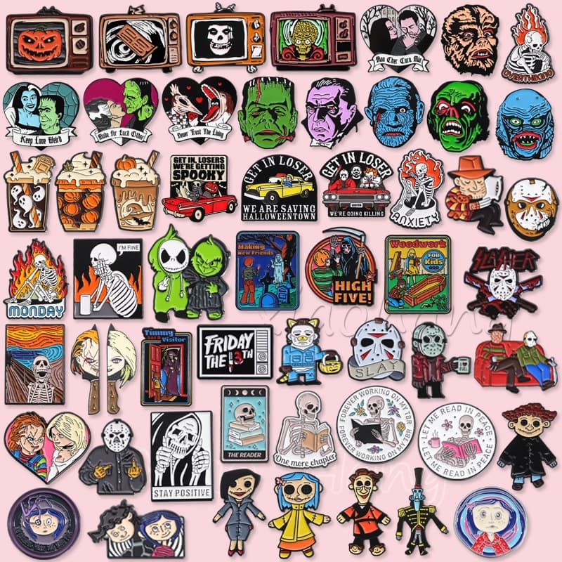 100 Estilos De Halloween Punk Esqueleto Fantasma Broche Filmes De Terror Broches Lapela Emblemas Pinos Engraçado Jóias P