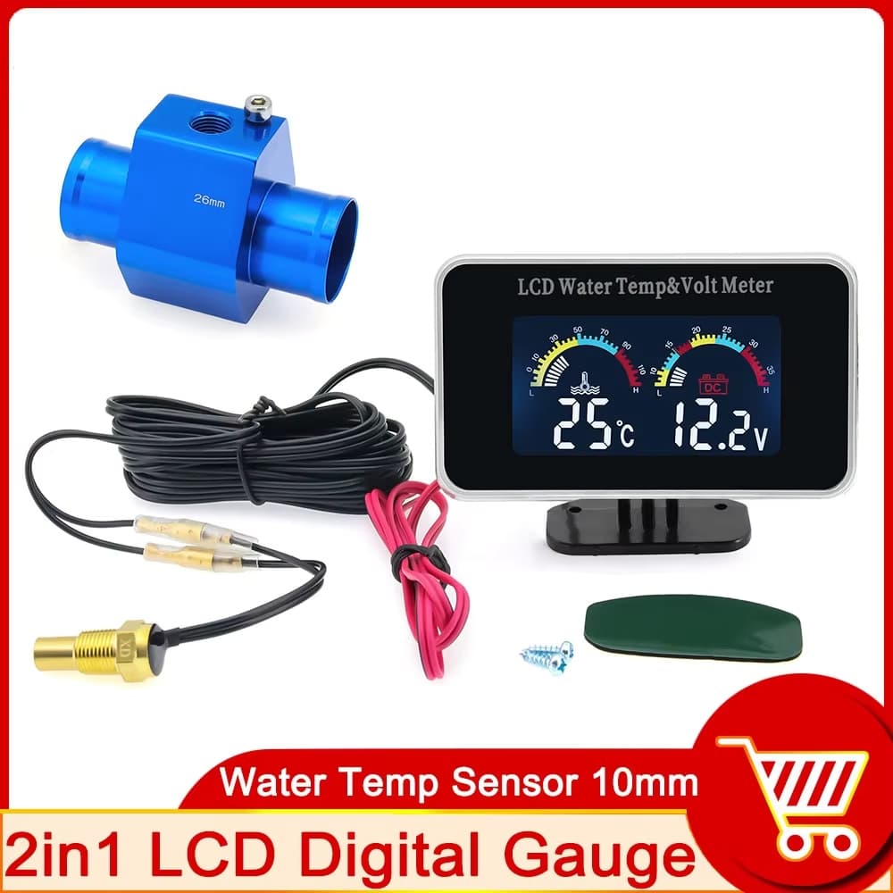 HD LCD Digital Carro Voltímetro Medidor + De Temperatura Da Água Termômetro 2 Em 1 Instrumento Com Sensor 10mm 12V ~ 24V