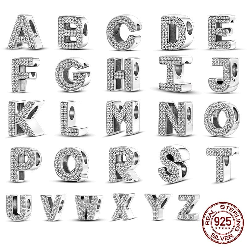 Berloque Prata 925 Letra 26 Contas Charms Diamantes Carta A-z Charme Encantos Zircão Para Pulseira Pingente