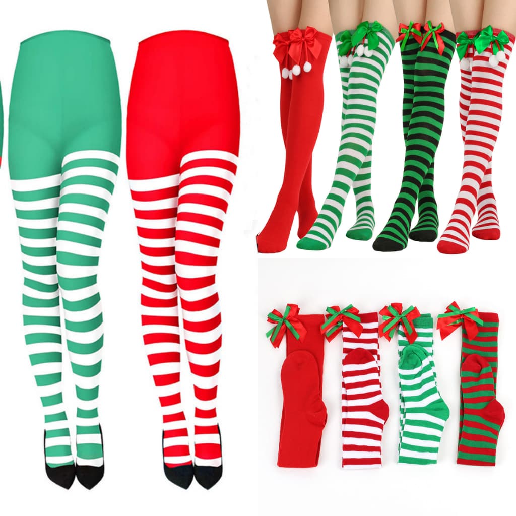 Com Mulheres Meias-Calças De Natal Listradas Altas Para Festas Maquiagem Prom Pro