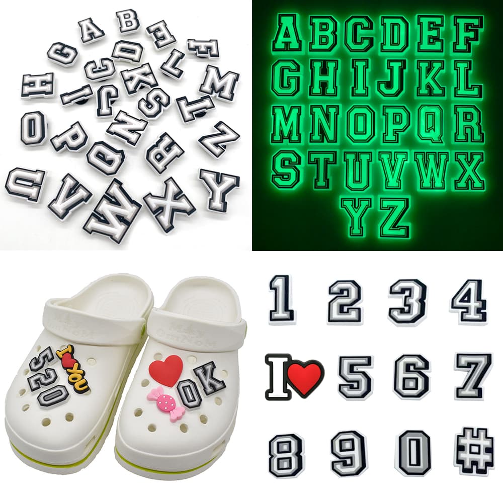 jibz Quente 1 Pçs Luminoso Carta Número Sapato Encantos DIY Tamancos Aceessories Caber Sandálias Pino Decorar Fivela Cri