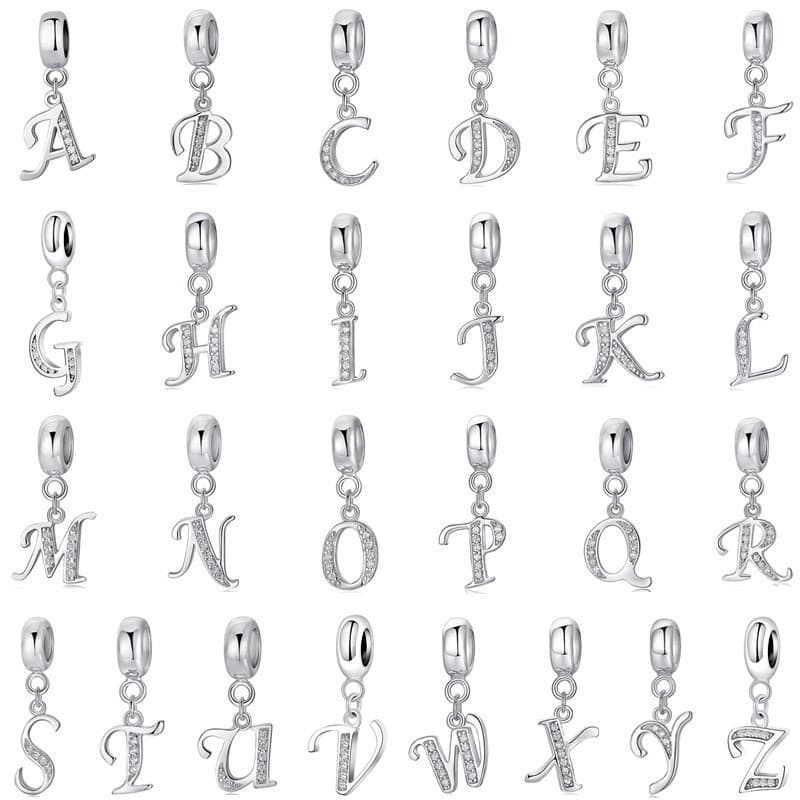 Berloque Contas Letras 26 A - Z Pingente Charms Prata 925 para Pulseira Bracelete Charme Amuleto DIY