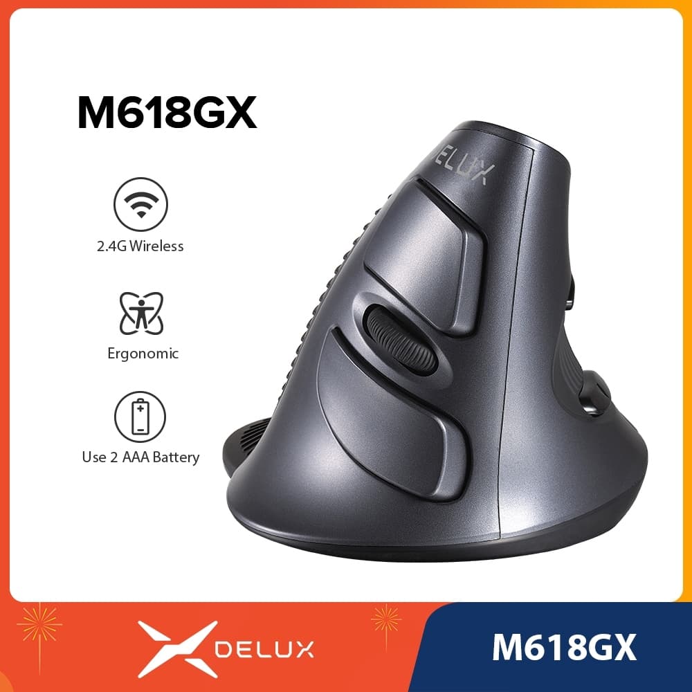 Delux M618GX Mouse Óptico Ergonômico Vertical Sem Fio 6 Botões 1600DPI Para PC / Windows Mac / Escritório
